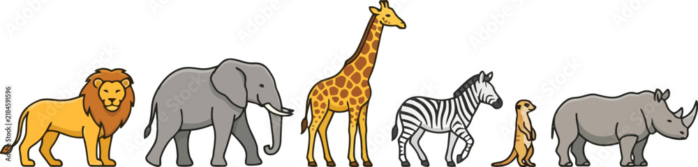 Obraz premium A colorful illustration featuring a group of diverse African safari animals standing together in a row.