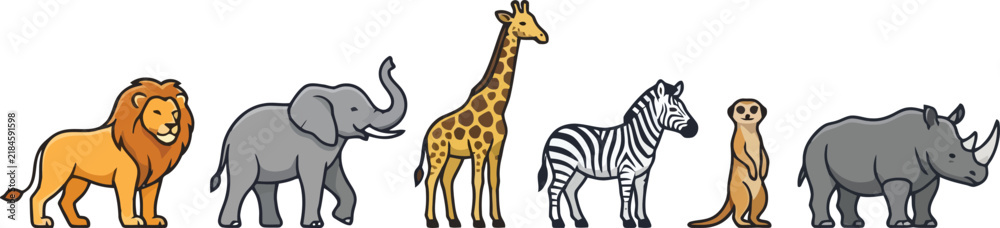 Fototapeta premium A collection of various wild African animals standing together in a row.