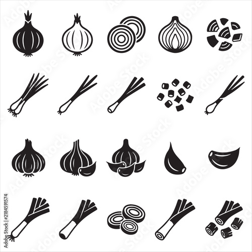 Set of onion and garlic ingredient icons in a black and white design with green onion culinary supply vegetable icon vegetables ingredients culinary scallion aromatic seasoning preparation