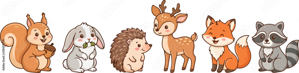 Fototapeta premium A collection of cute woodland animals including a squirrel rabbit hedgehog deer fox and raccoon.