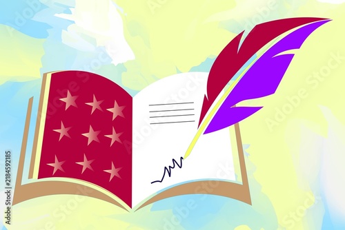 Open book with feather quill and stars isolated on white background