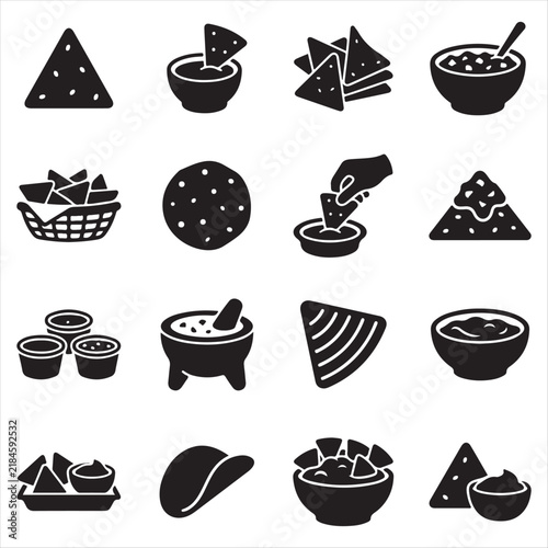 Nachos and salsa dip icons collection with mexican food elements mexican cuisine spicy dip tortilla chips tortilla guacamole appetizer restaurant isolated collection elements culinary