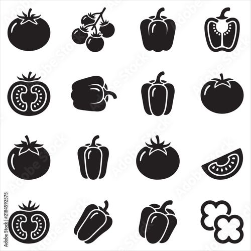 Fresh tomato and bell pepper icons set for vegetable cooking with tomato vine sweet pepper vegetables ingredients nutrition vegetable healthy food vegetarian isolated collection elements