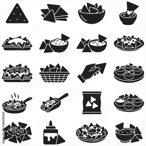 Nachos snack and dips icon set featuring mexican appetizers fast food taco sauce nacho cheese tortilla appetizer guacamole restaurant isolated elements collection culinary delicious
