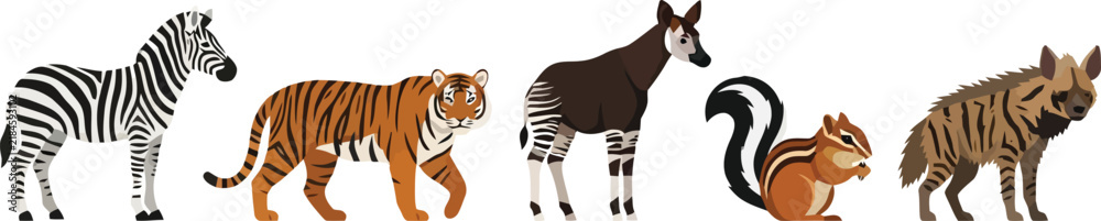 Obraz premium A collection of various wild animals including a zebra tiger okapi chipmunk and hyena.
