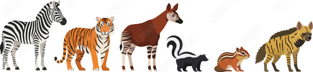 Obraz premium A diverse collection of various wild animals standing in a horizontal line.