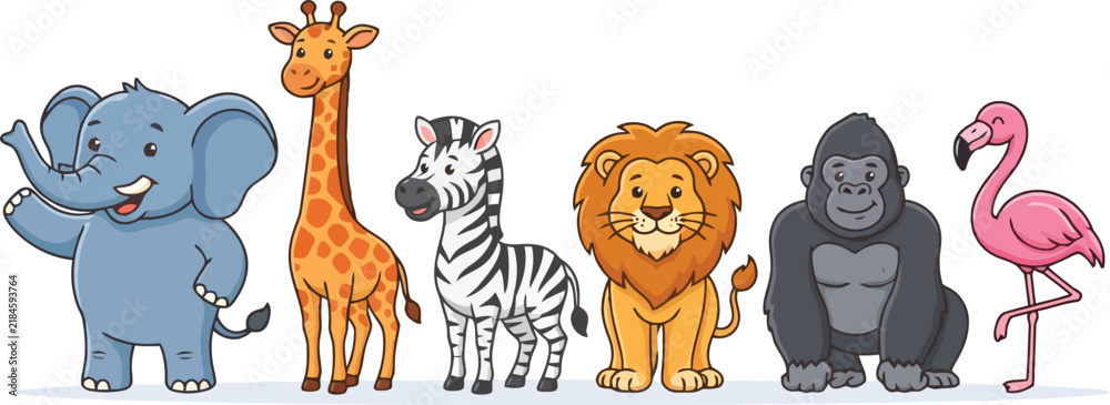 Obraz premium A collection of cute cartoon zoo animals standing in a row.