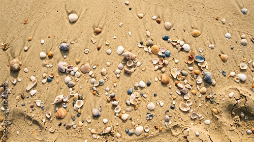 Top down view of small seashells scattered across a sandy beach