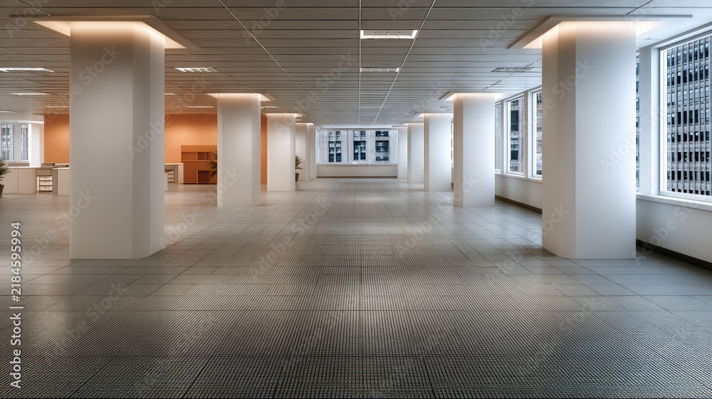 Obraz premium Large empty office space with modern design, white columns, tiled floor, bright lighting, and city view through large windows, feeling spacious