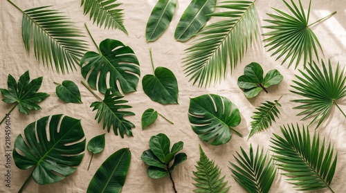 Assorted tropical green leaves and ferns on beige linen background