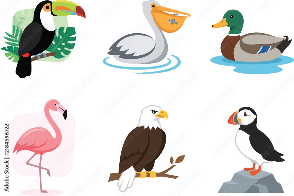 Fototapeta premium A collection of six colorful cartoon birds including a toucan pelican duck flamingo eagle and puffin.