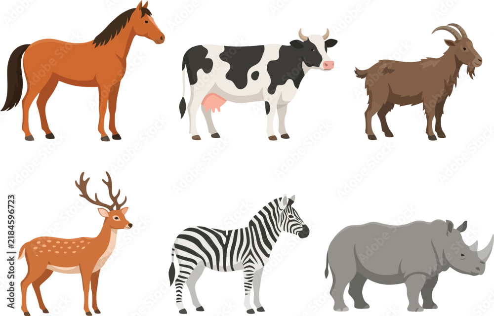 Obraz premium A collection of six different animal species including a horse cow goat deer zebra and rhinoceros.