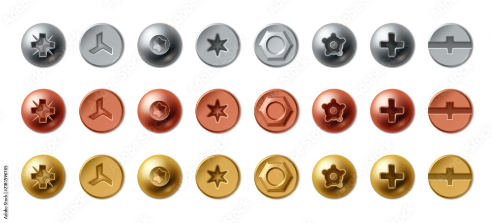 Obraz premium Realistic bolt heads and metal screws isolated on white background. 3d vector illustration of shiny steel, gold and brass fasteners with round hats, top view hardware icons for industrial design