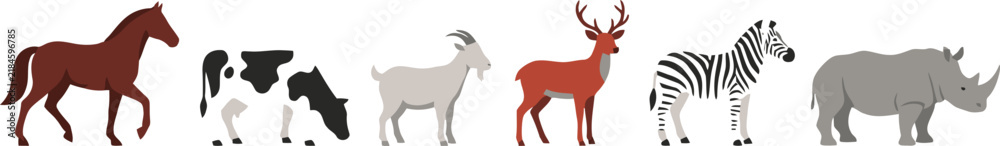 Obraz premium A collection of various wild and domestic animals arranged in a horizontal row.