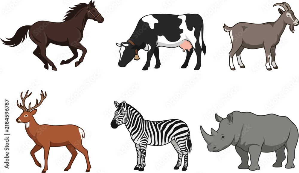 Obraz premium A collection of six diverse animal illustrations featuring a horse cow goat deer zebra and rhinoceros.