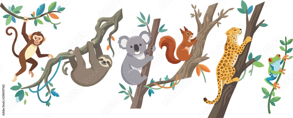 Fototapeta premium A collection of diverse wild animals climbing and resting on tree branches.