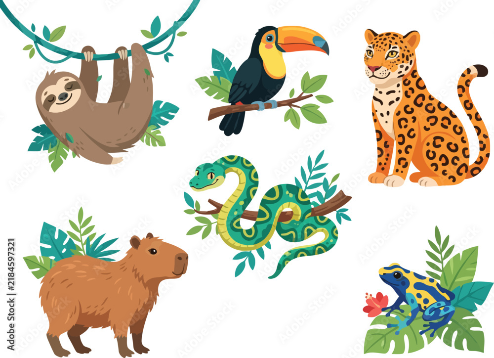 Naklejka premium A collection of hand drawn jungle animals including a sloth toucan leopard snake capybara and frog.