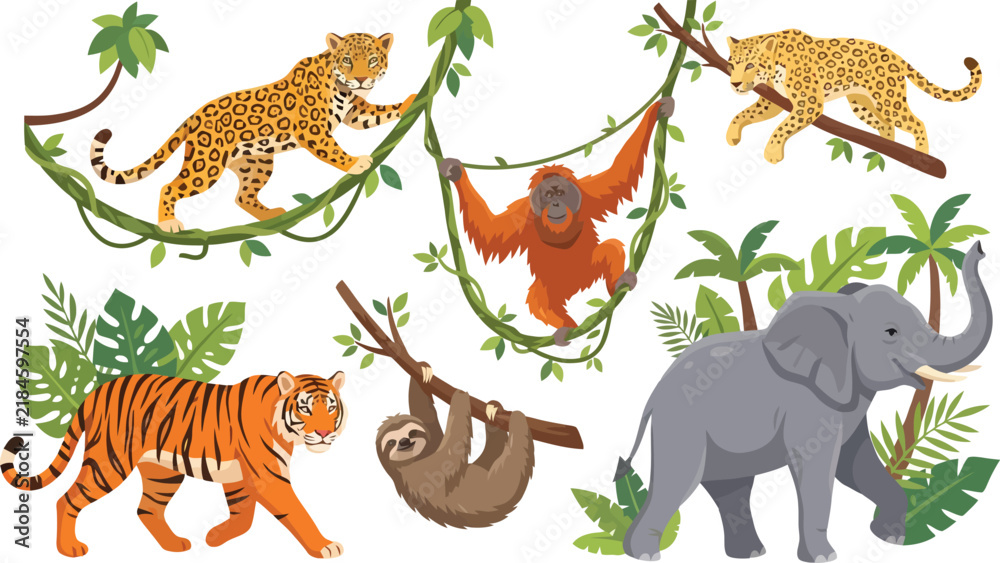 Fototapeta premium A collection of various wild jungle animals including a tiger elephant leopard orangutan and sloth.