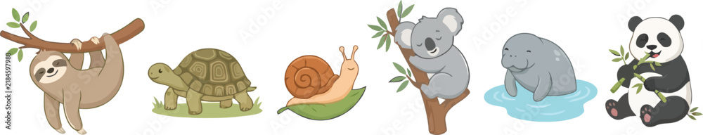 Fototapeta premium A collection of cute hand drawn cartoon animals including a sloth turtle snail koala elephant and panda.