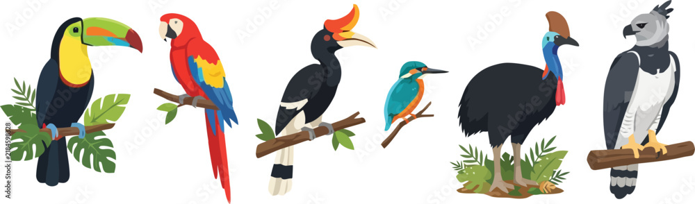 Obraz premium A collection of six colorful exotic birds including toucans parrots and eagles.
