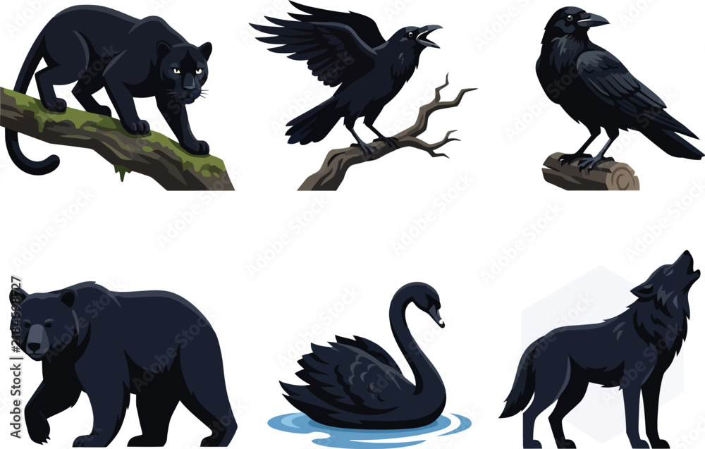 Obraz premium Collection of six detailed black animals including a panther crow bear swan and wolf.