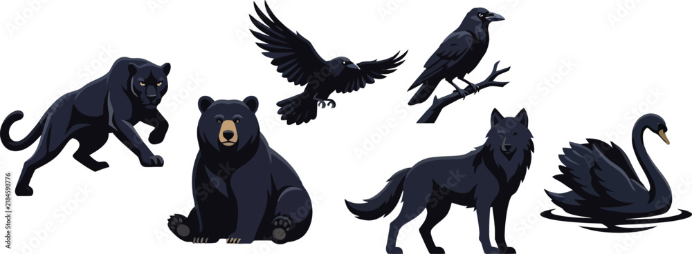 Obraz premium Collection of various black animals including a panther bear raven wolf and swan.