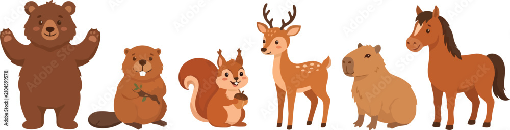 Obraz premium A collection of cute cartoon forest animals including a bear beaver squirrel deer capybara and horse.
