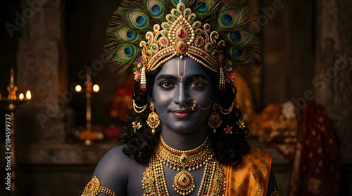 Lord krishna portrait with gold jewelry and peacock feathers