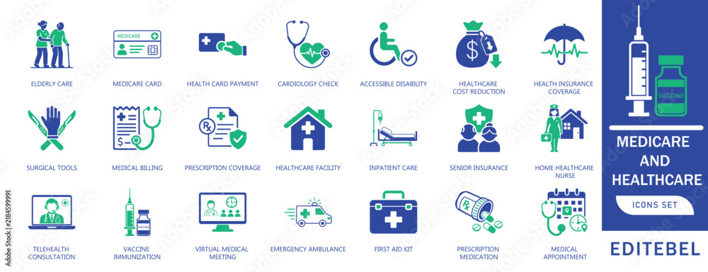Fototapeta premium Medicare and Healthcare Solid Icons Set, for Medical, Health Insurance, Hospital, Doctor, Patient Care, Treatment, Diagnosis, Emergency & Clinical Support stethoscope, ambulance, pharmacy, nurse