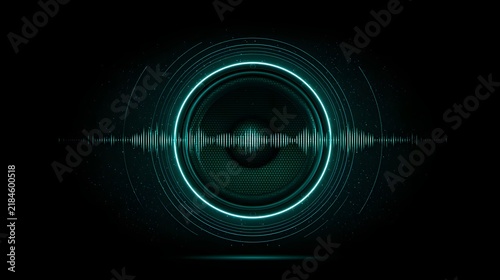 A glowing cyan audio speaker vibrates with a digital sound wave against a dark background. Perfect for music technology and high-fidelity sound concepts.