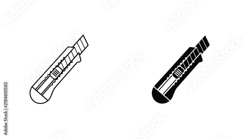 Utility knife box cutter icon shown in both a simple black line outline and a solid black silhouette version.