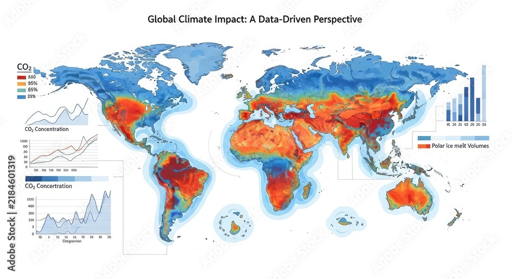 Naklejka premium A detailed world map visualizing climate change through carbon dioxide concentration gradients and polar ice melt patterns for analytical purposes.