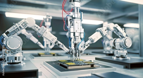 A close up view of robotic arms meticulously assembling electronic components, highlighting the precision and automation in modern manufacturing processes.