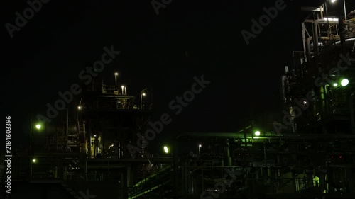 Industrial Plant Equipment and Green Lights at Night in Chidoricho Kawasaki