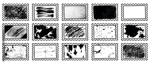 Grunge stamp texture set with postage rectangle scratch splatter and distressed pattern designs, rough rubber stamp vector collection for overlay and vintage graphic design elements for presentations