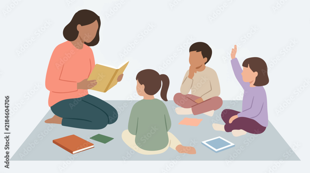 Fototapeta premium Teacher reading a storybook to diverse children in a classroom setting