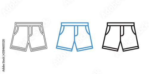 Set of three simple linear icons of summer shorts isolated on a clean white background