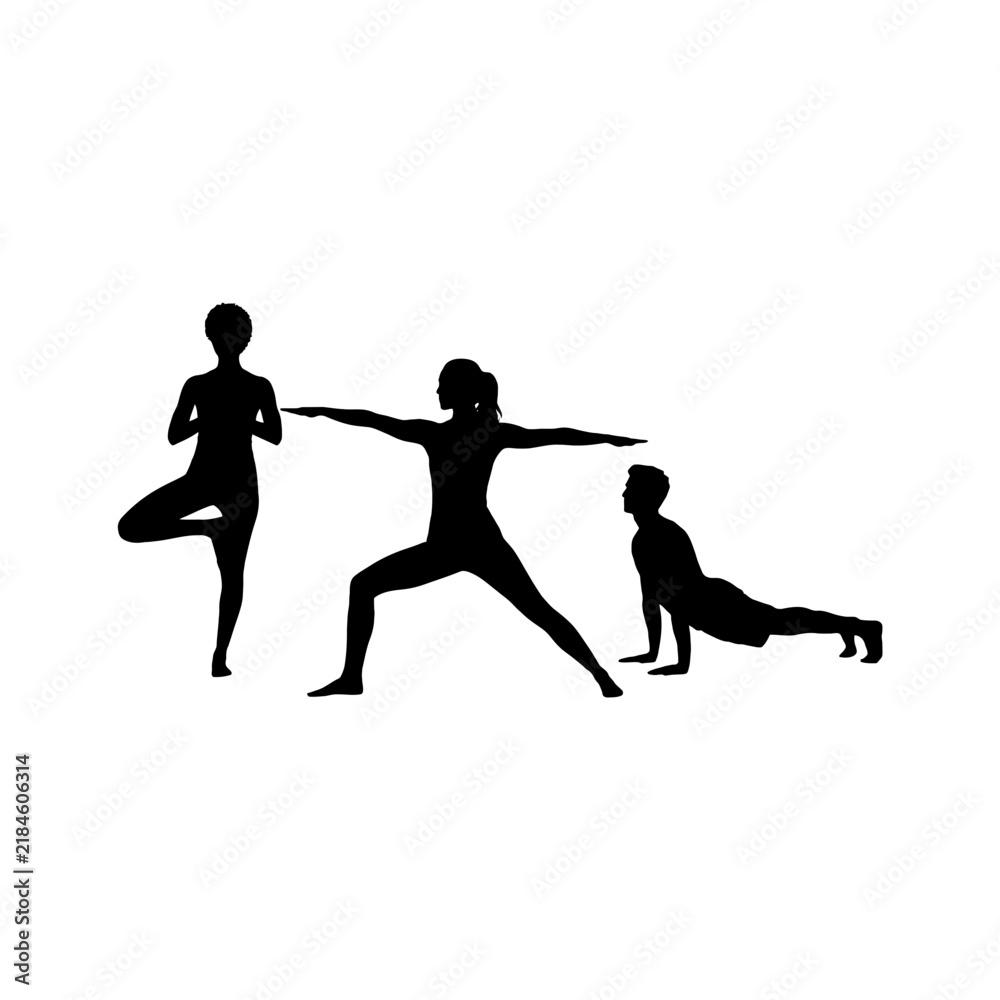 Fototapeta premium Three people practicing yoga poses together in a balanced sequence