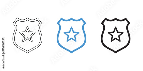 Set of three police shield badges with star symbols in different outline stroke styles