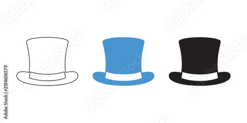 Set of three top hat vector icons featuring outline style and solid color variations