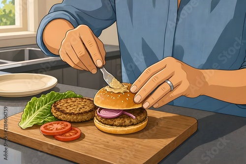 Close-up of hands assembling a vegan burger with a plant-based patty on a wooden cutting board, using a fork to spread sauce. Podcast cover for plant-based cooking and sustainable