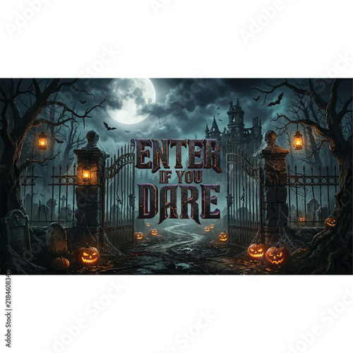 Obraz na płótnie Haunted Halloween Gateway: A spooky cemetery scene with a grand, imposing gate, illuminated by flickering lanterns and a full moon