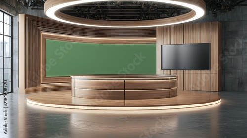 A modern wooden broadcast news studio features a green screen background and a central desk. Perfect for professional media production and virtual set design.