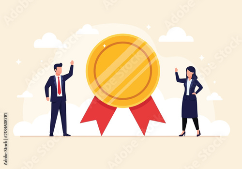 Canvastavla Man and woman standing beside a large golden medal with red ribbon, raising their arms in celebration of achievement or victory