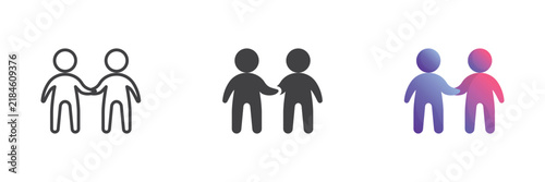 Two people handshake icon shows friendly partners greeting in line, solid and flat icon color versions. Colorful vector sign and symbol for agreement.
