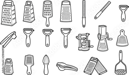 Foto Kitchen Graters Peelers and Food Prep Tools Line Icon Set with Vegetable Slicers