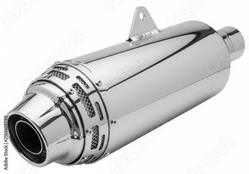 Close-up of metallic exhaust pipe end isolated on white background