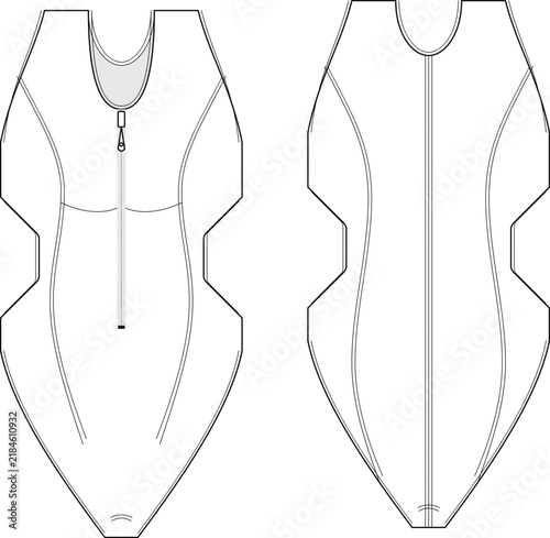 Technical flat sketch of zip-front bodysuit with contour seams