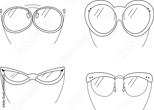 Technical flat sketches of eyeglasses and sunglasses with varied frame styles