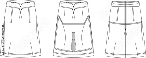 Technical flat sketch of V-yoke flared skirt with seam detailing